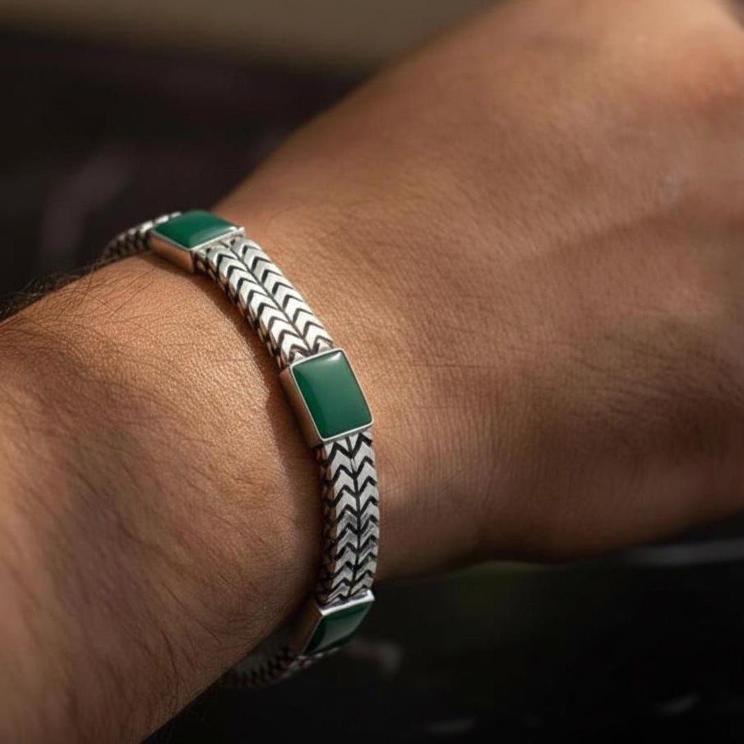 Silver Green Agate Gemstone Bracelet, Men 10MM Foxtail Chain