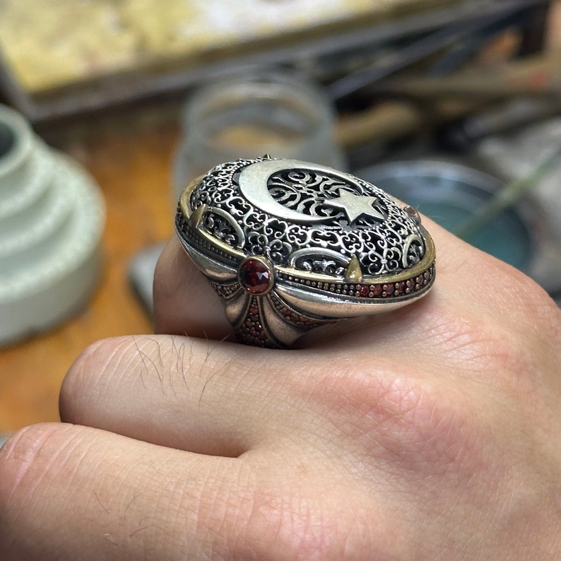 Silver Large Turkish Flag Ring , Silver Large Ruby Stone Ring, Large ...