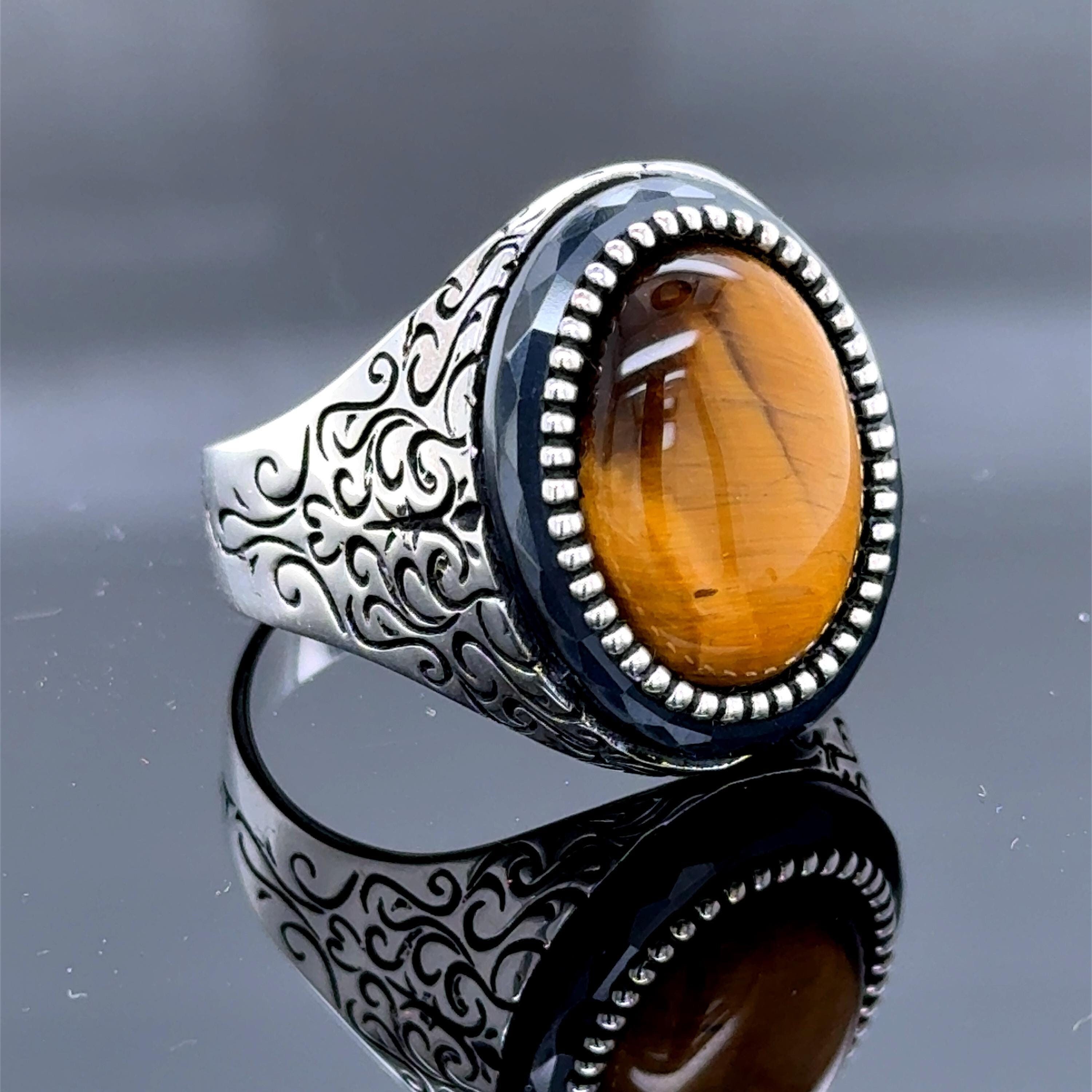 メンズ シルバー タイガーアイ ストーン リング、ピンキー タイガー