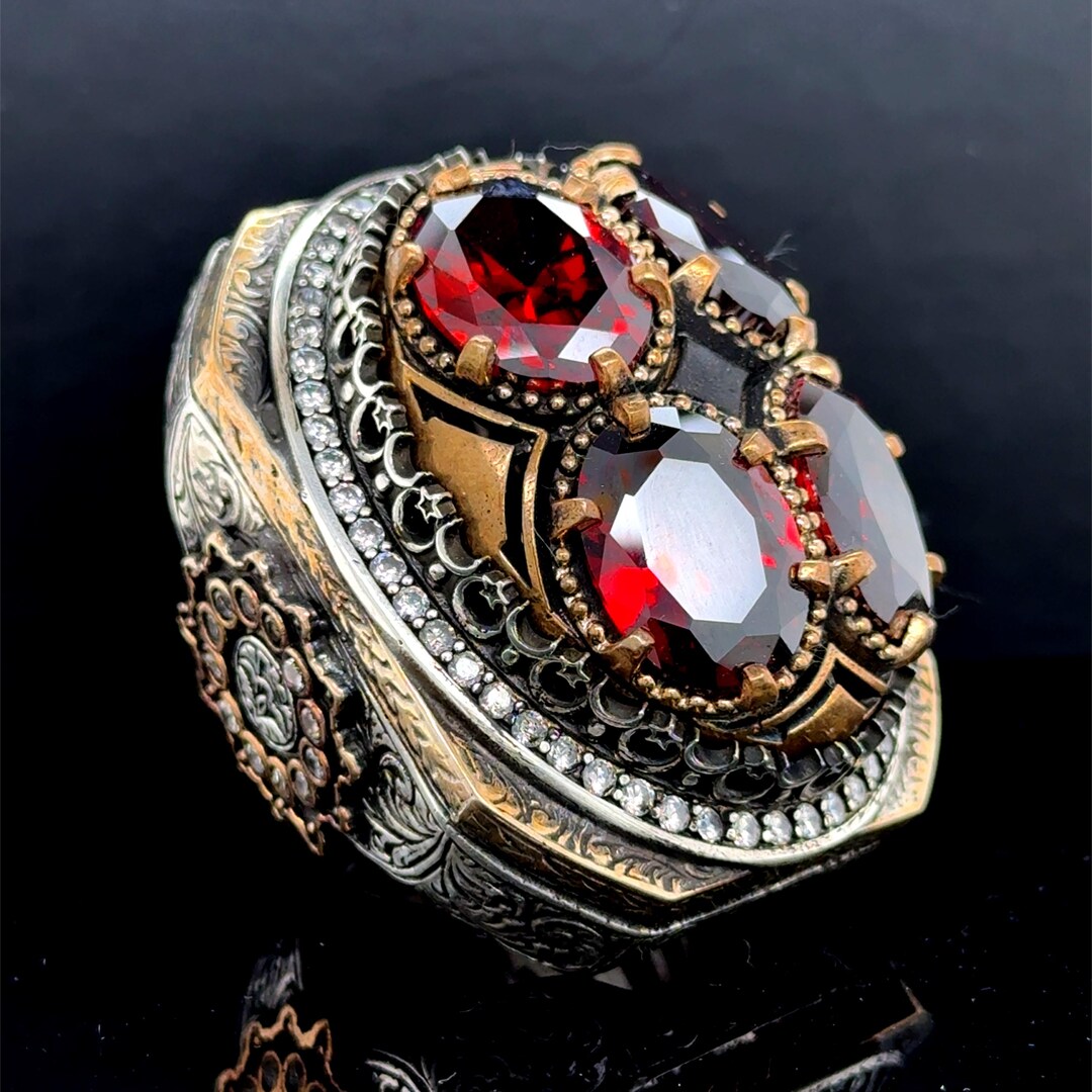 Mens Silver Large Ruby Stone Ring, Red Garnet Gemstone Ring, Turkish ...