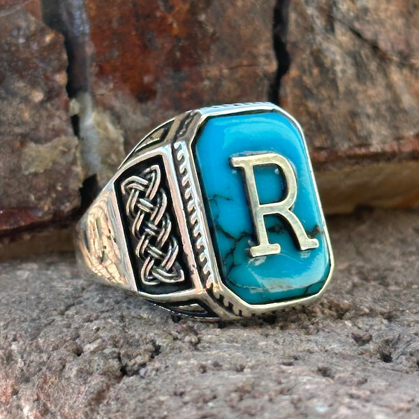 Personalized Turquoise Men Ring , Men's Letter Ring , Custom Initial Ring , Turquoise Signet Ring , Custom Design Ring , 925k Ring
