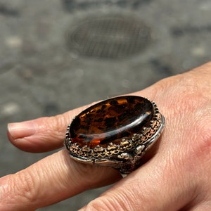 Anillo grande de ámbar báltico, anillo grande de plata con piedra ámbar para hombre, anillo modelo águila, anillo de hombre bordado estilo otomano, plata de ley 925k