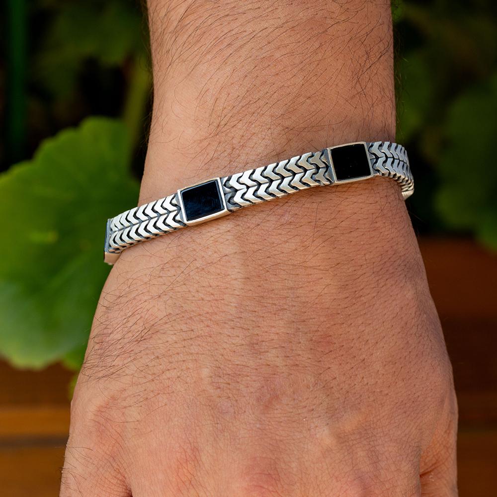 925 Sterling Silver Onyx Chain Bracelet, 10mm Link Chain Bracelet