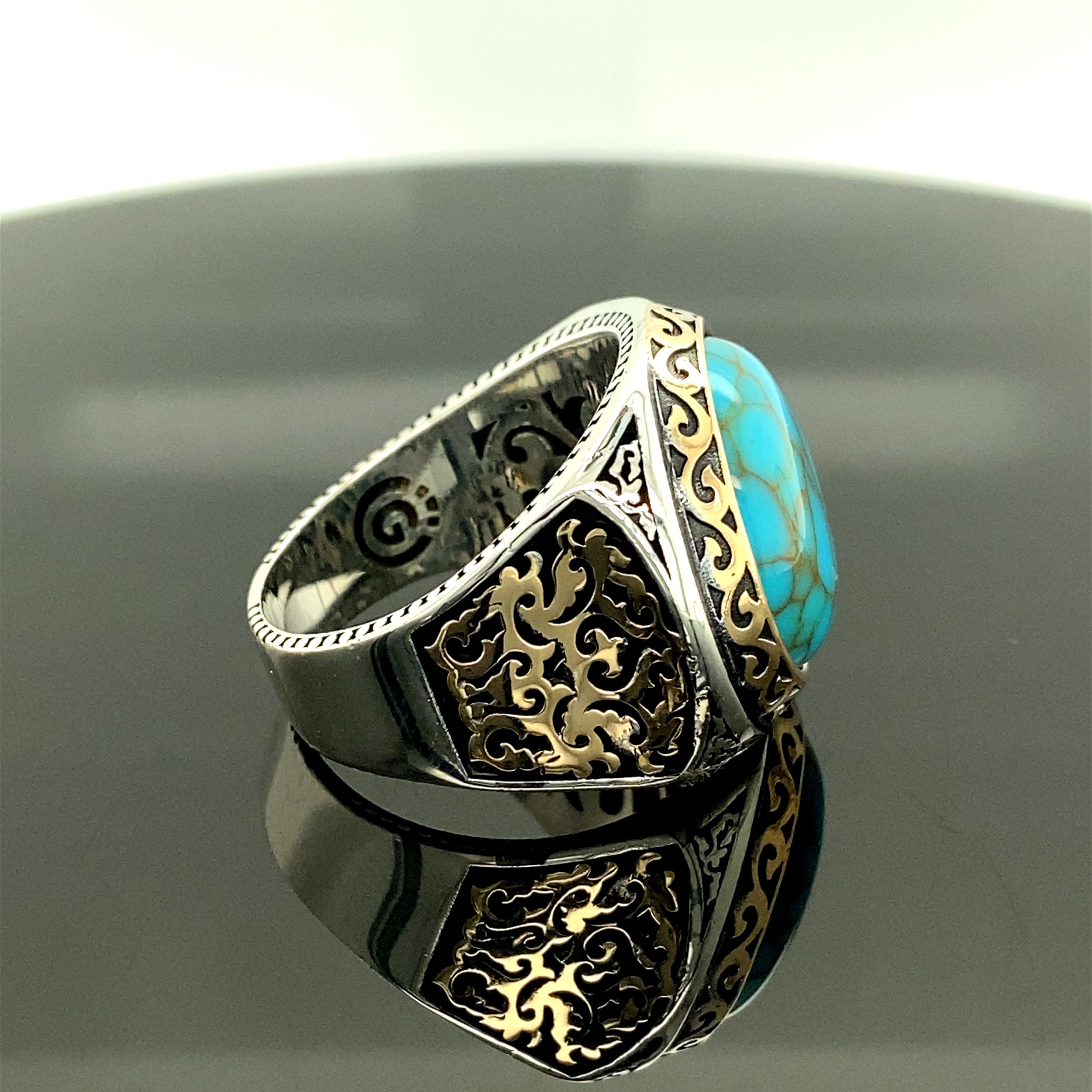 Silver Turquoise Stone Ring , Man Natural Stone Ring , Handcrafted ...