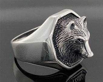 Anillo de lobo de plata para hombre, anillo con cabeza de lobo salvaje, anillo de plata con animal, anillo de lobo de óxido, anillo de plata de ley 925k, regalo para él