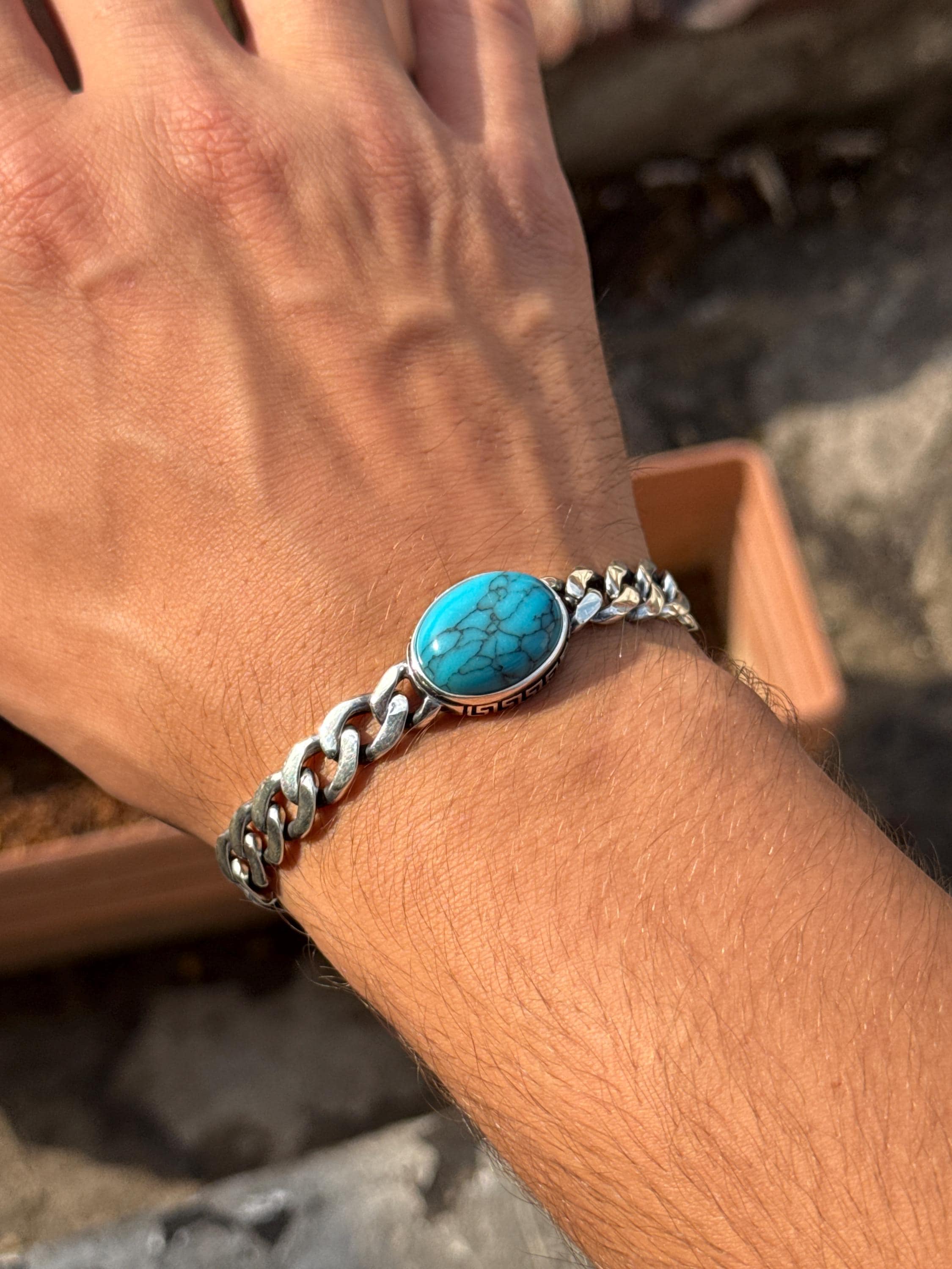 Men Silver Turquoise Chain Bracelet, 10MM Curb Chain Bracelet