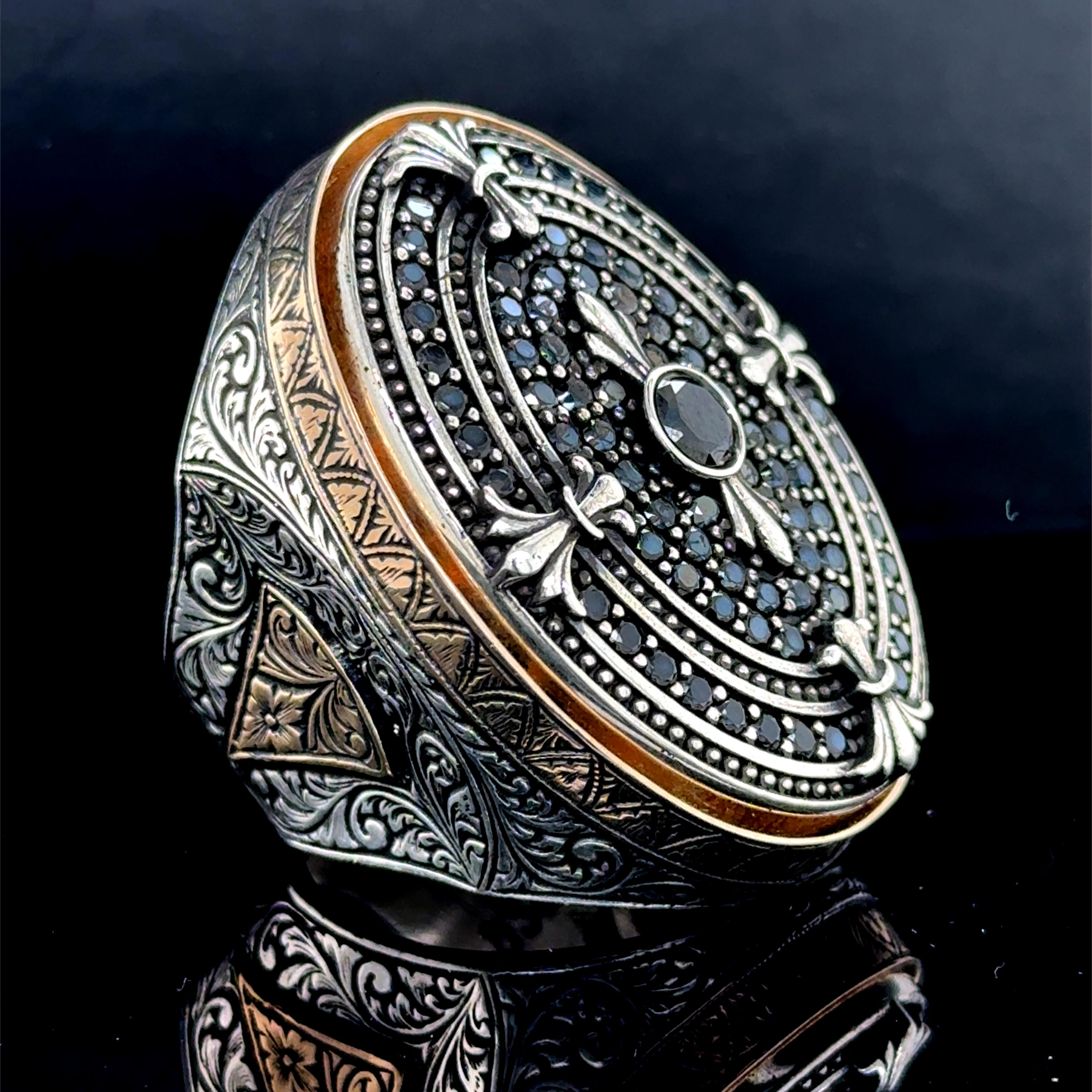 Silver Large Black Stone Ring, Black Diamond Gemstone Ring