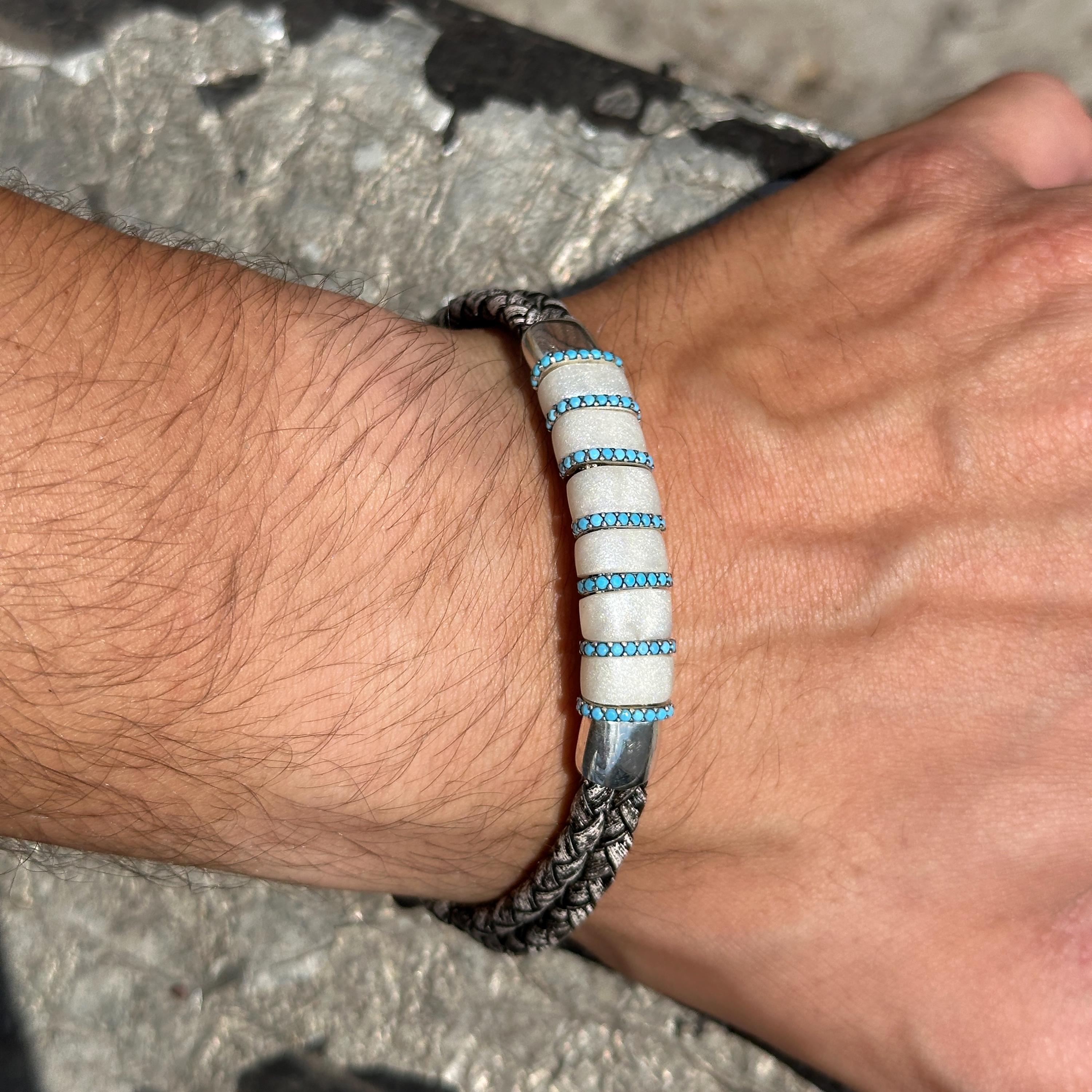 Silver Leather Natural Mother of Pearl Bracelet, Turquoise Stone
