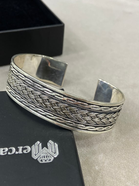 Unisex Silver Bracelet Handmade Engraved Bracelet Cuff