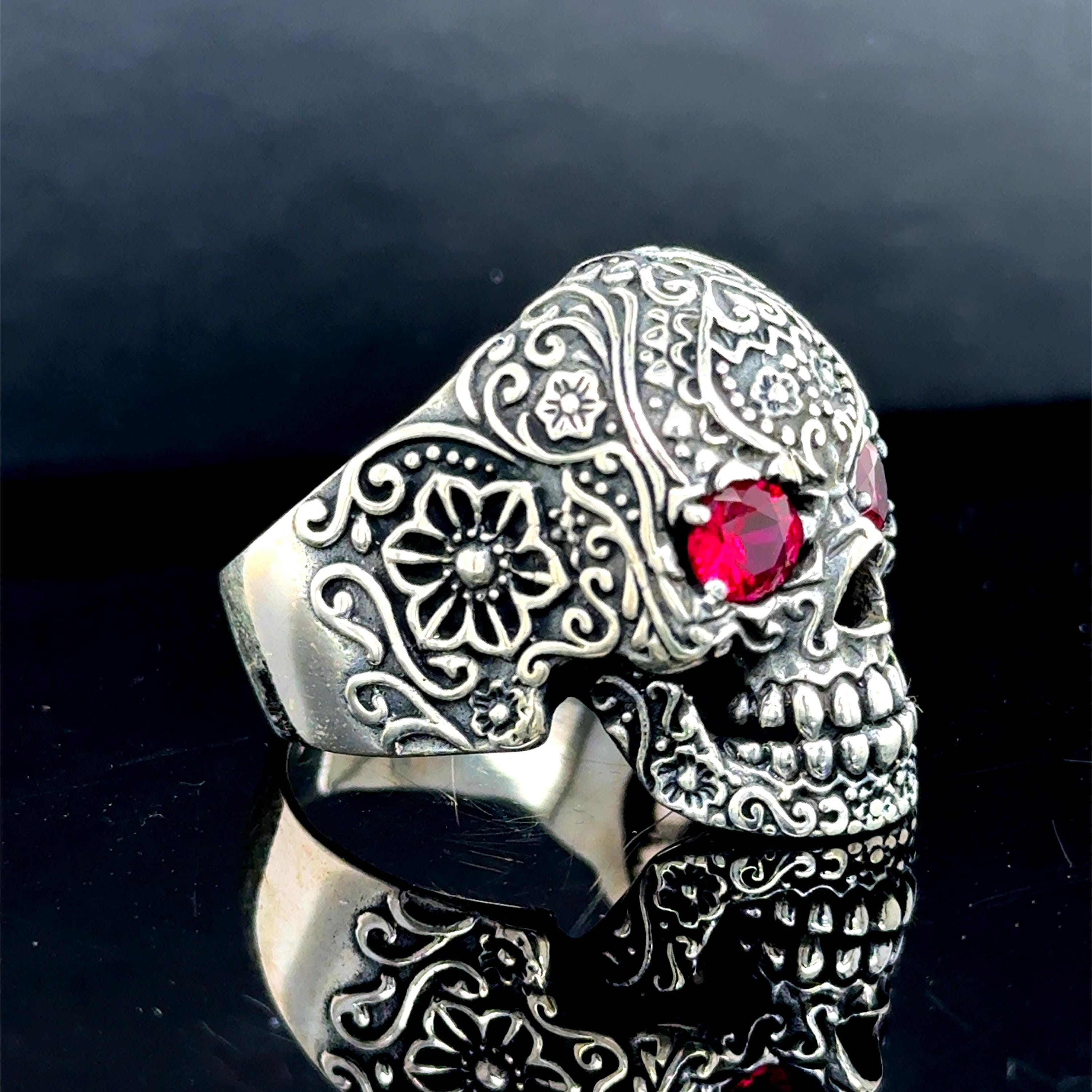 MIC&Co. SWEET SKULL RING 15号 シルバー925 925 Silver Skull Ring, Flower Skull Ring, Ruby Eyes Skull Head