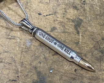 Silver Bullet Necklace , Rifle Bullet Necklace , Armed Forces Necklace , Silver Handmade Pendant , 925k Sterling Silver Necklace