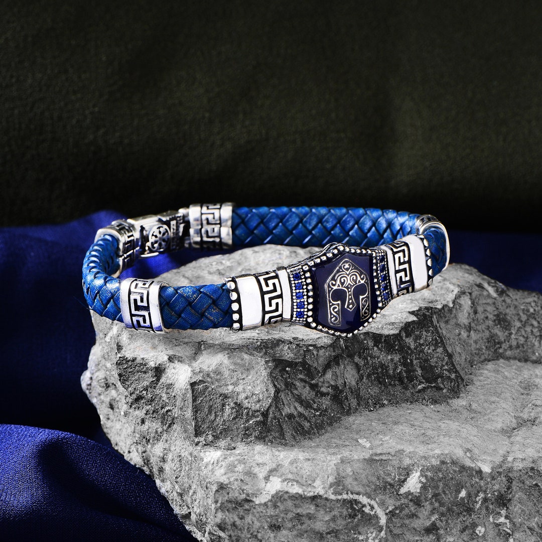 Silver Knight Helmet Leather Bracelet ,sapphire Stone Bracelet ...