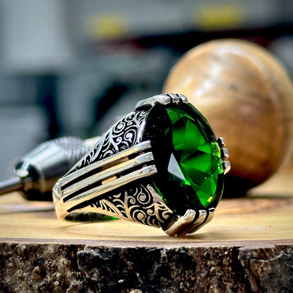 Bague homme faite main bague argent vert emeraude bague homme vintage cadeau fete des peres homme bijoux en argent homme cadeau d anniversaire pour lui Etsy France