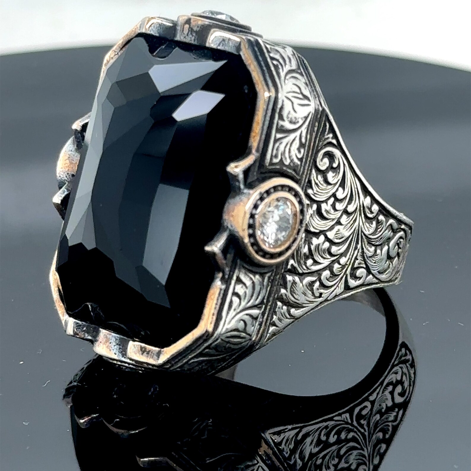 Silver Large Black Onyx Ring , Square Handmade Big Ring , Men Sterling ...