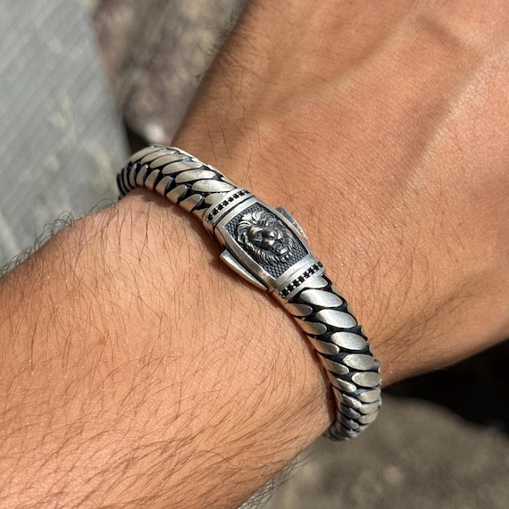 Silver Leon Head Chain Bracelet, 10MM Curb Chain Bracelet, Gourmet