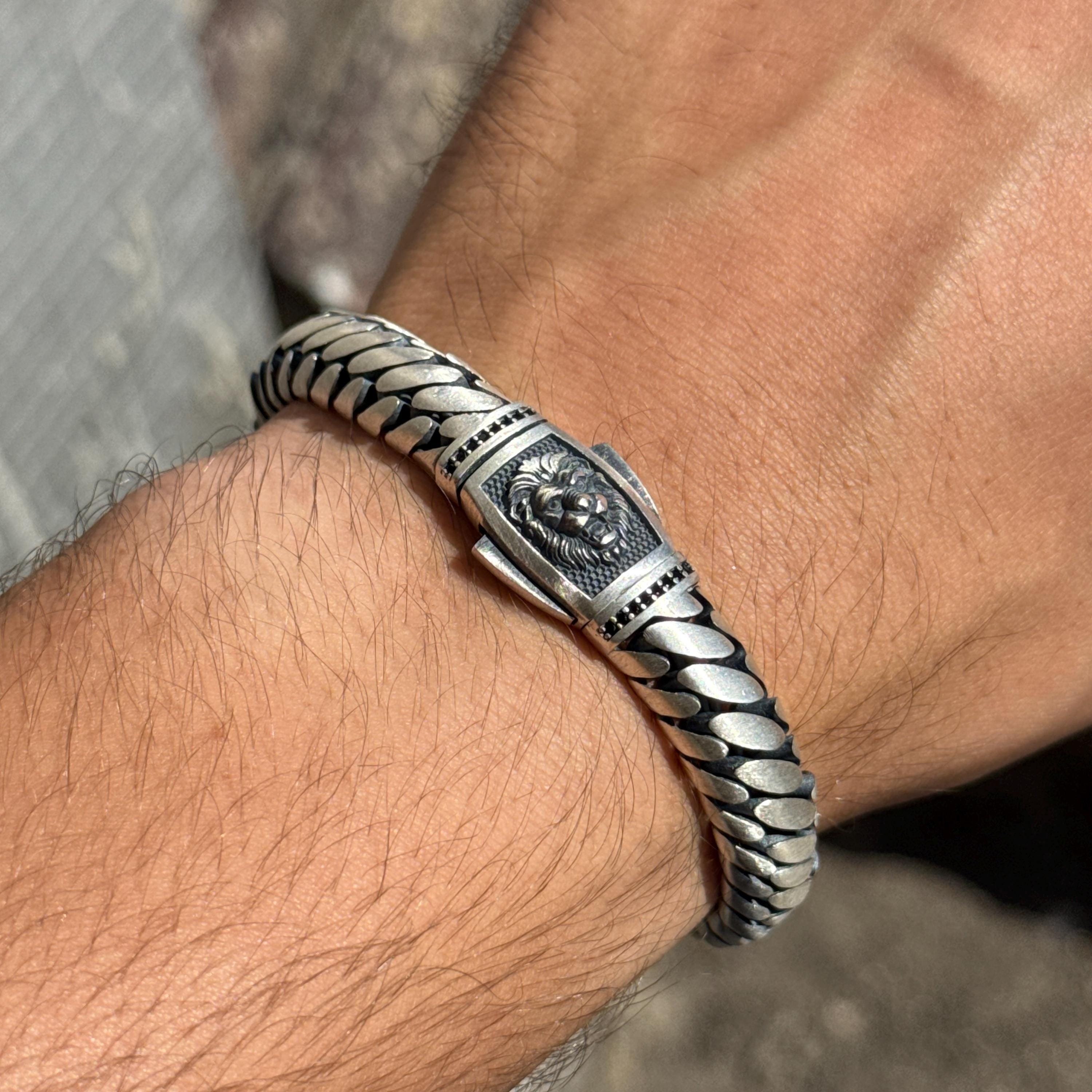 Silver Leon Head Chain Bracelet, 10MM Curb Chain Bracelet, Gourmet