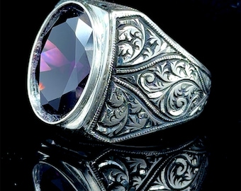 Men Silver Amethyst Men's Ring Silver Handmade Amethyst Men's Ring  Engraved Ring Turkish Handmade Silver Ring, 925k Silver Ring