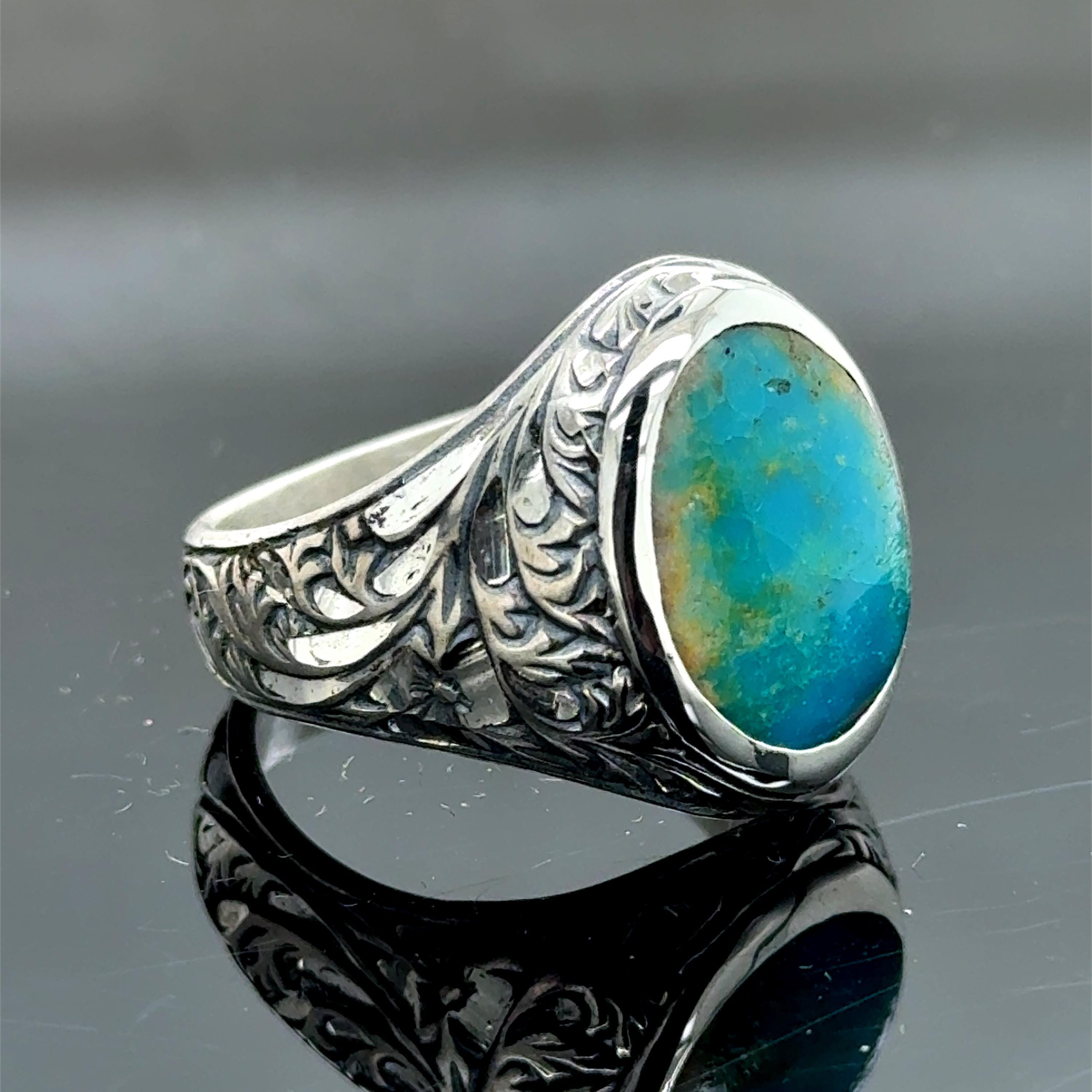 Men Silver Natural Turquoise Ring, Engraved Signet Ring, Tibetian
