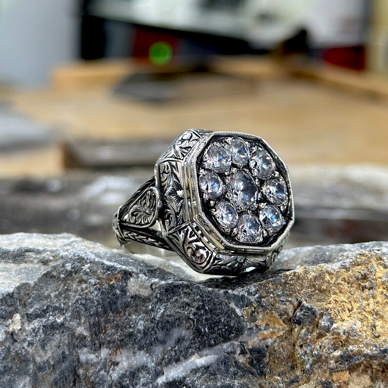 Men Silver Handmade Diamond Ring , Cz Zircon Stone Ottoman Style Men