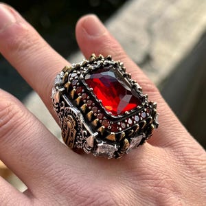 Turkish Handmade Ruby Red Stone Ring, Mens Red Zircon Gemstone Ring, Turkish Handmade Men Ring, Large Red Stone Ring, Perfect Gift