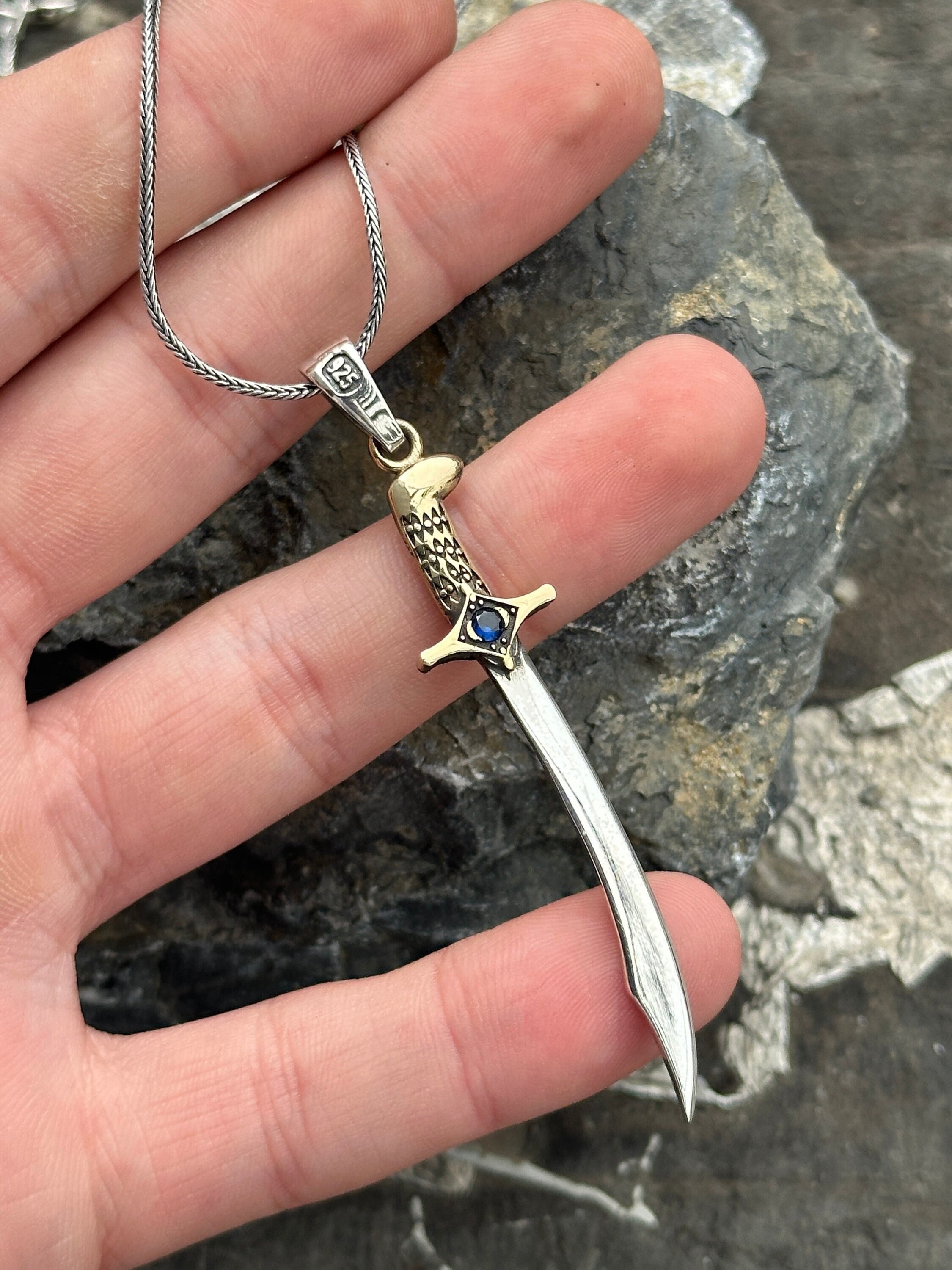 Silver Sword Necklace Pendant , Sapphire Stone Sword Necklace