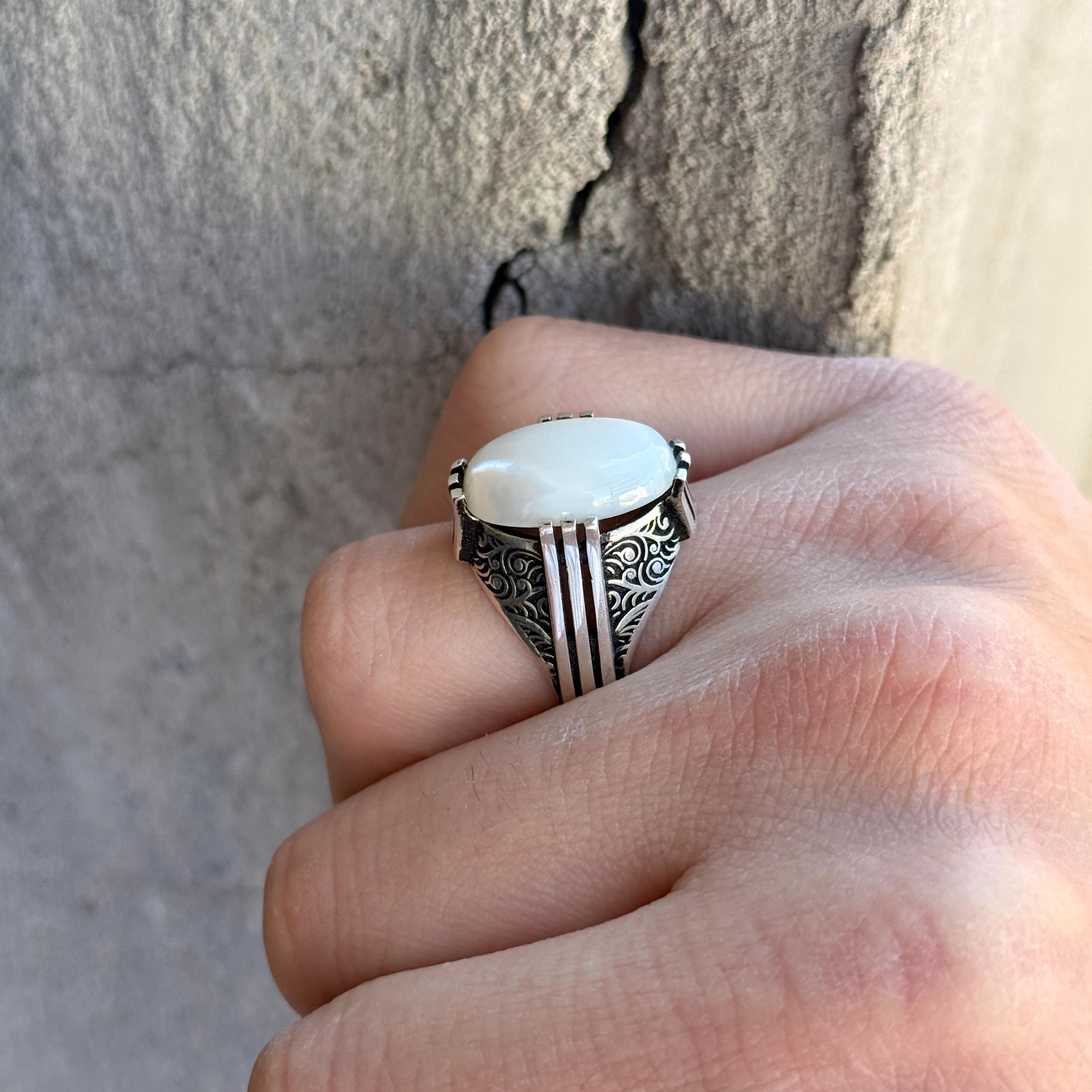 Mother of Pearl Signet Ring, Sterling Silver Men Ring, Minimal