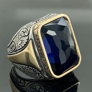 Men&#39;s Sapphire Stone Ring , Turkısh Handmade Ring , Ottoman Style Ring , Cubic Zircone Ring , 925k Sterling Silver Ring , Gift For Him