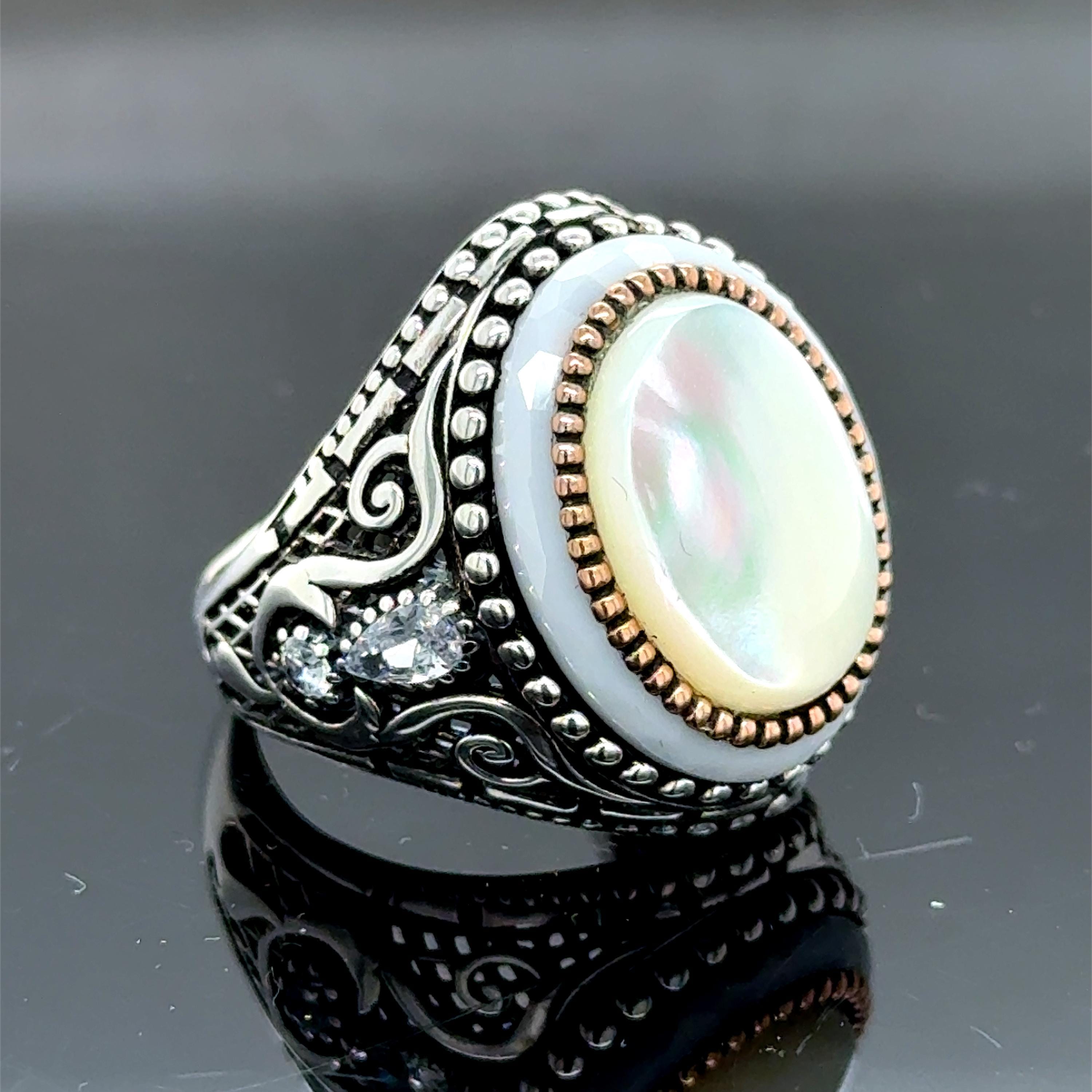 Men Silver Mother of Pearl Signet Ring, Men Handmade Genuine Pearl