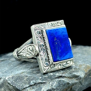 Silver Lapis Lazuli Ring, Handmade Men Silver Ring, Men Blue Silver Ring, Artisan Crafted Lapis Ring, Father Day Gift, Engraved Men Ring
