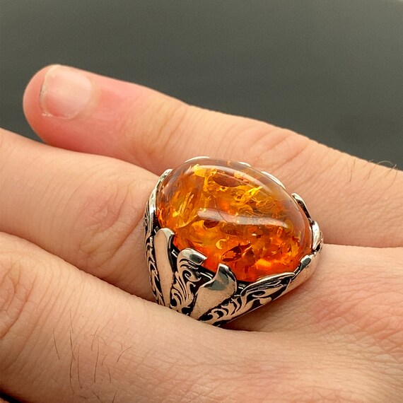 Anillo de piedra de ambar de hombre anillo hecho a mano de Turk sh anillo de piedra de ambar naranja anillo de estilo otomano anillo de plata de ley de 925k Etsy