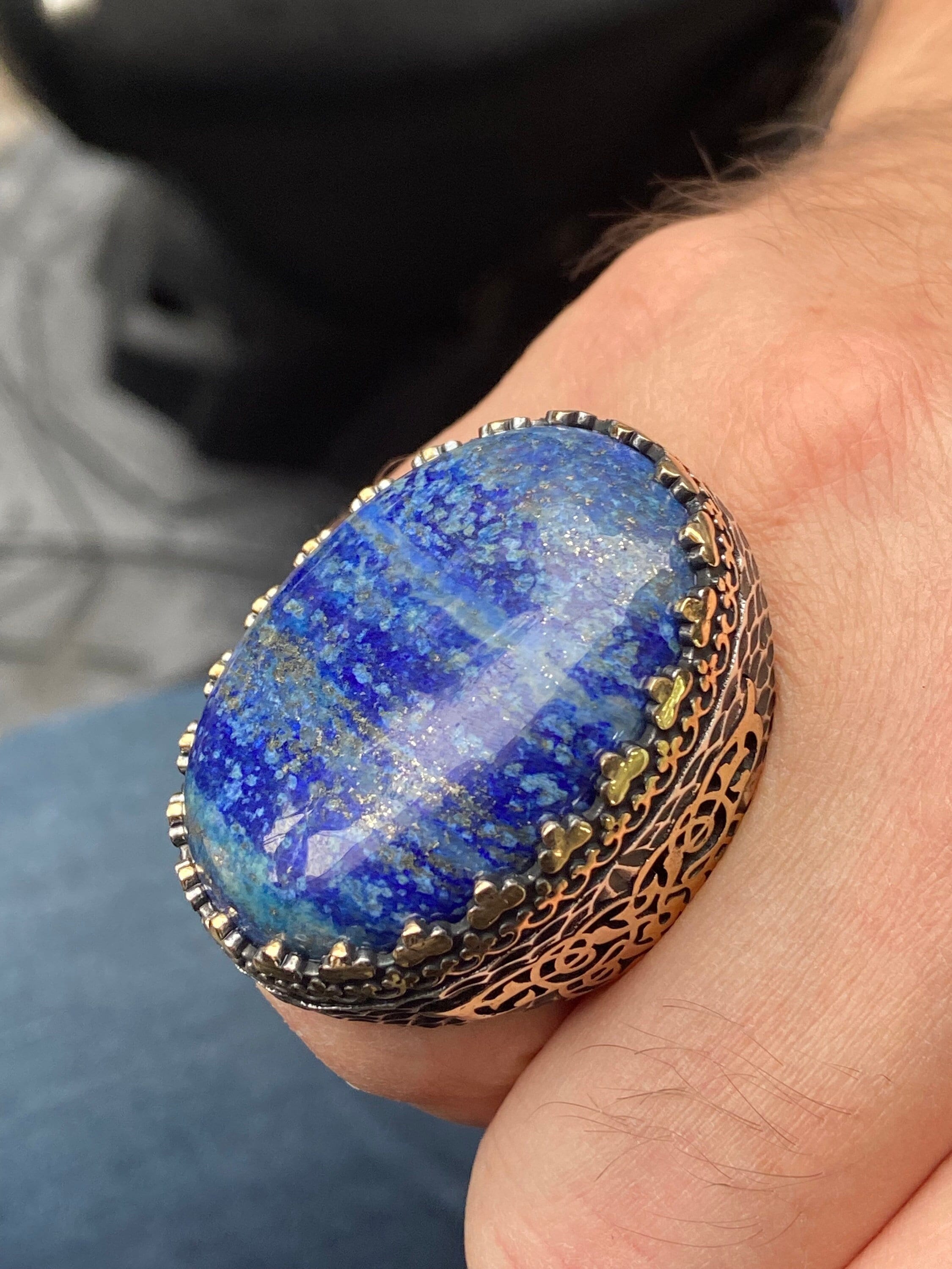 ラピスラズリリング、メンズシルバーラージリング、トルコハンドメイド