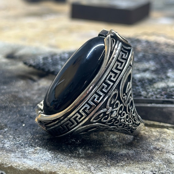 Silver Large Black Onyx Ring , Mens Handmade Big Ring , Men