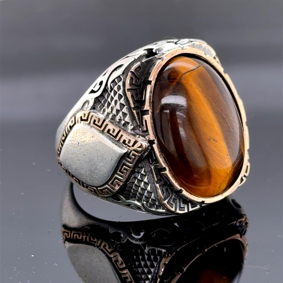Men Handmade Tiger Eye Stone Ring , Oval Brown Tiger Eye Stone