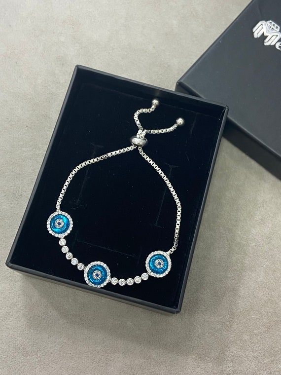 Bracciale Malocchio In Argento Sterling 925 Con Cristalli Blu, Ciondolo Evil Eye Regolabile 7+5 Cm, Gioiello Portafortuna Regalo Per Donna E Ragazza