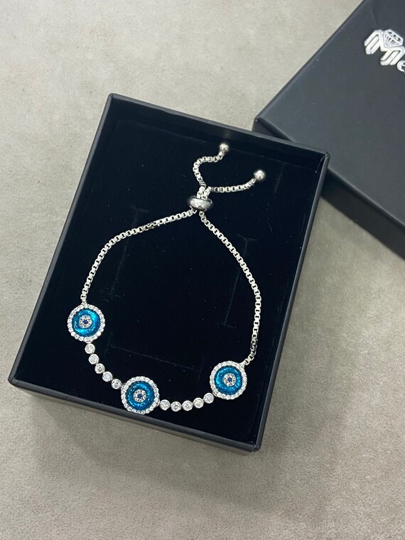 Bracciale Malocchio In Argento Sterling 925 Con Cristalli Blu, Ciondolo Evil Eye Regolabile 7+5 Cm, Gioiello Portafortuna Regalo Per Donna E Ragazza