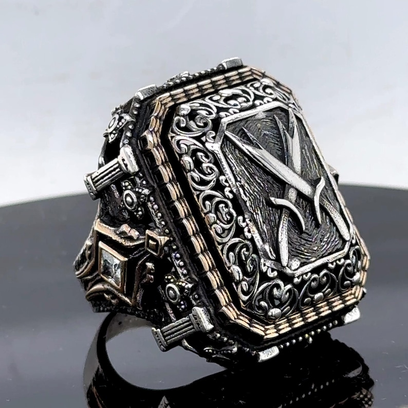 Men Silver Double Sword Ring , Large Silver Zulfiqar Sword Ring ...