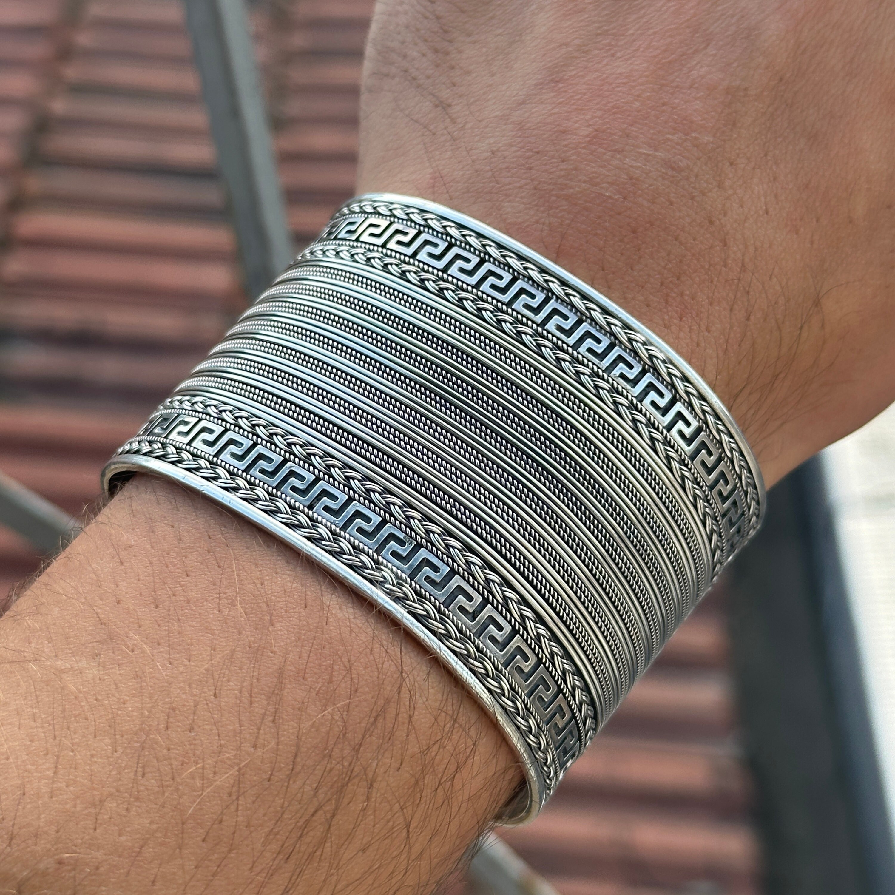 ブレスレット BLENDOFF Inlay texture cuff bracelet silver 925 Thick Sterling Silver Bracelet , Cuff Bracelet 22mm , Silver