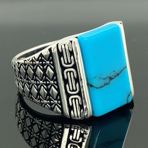 Men Handmade Ring , Turquoise Stone Ring , Natural Stone , Embroidered Ring , Modern Silver Ring , 925k Sterling Silver Ring , Gift For Him