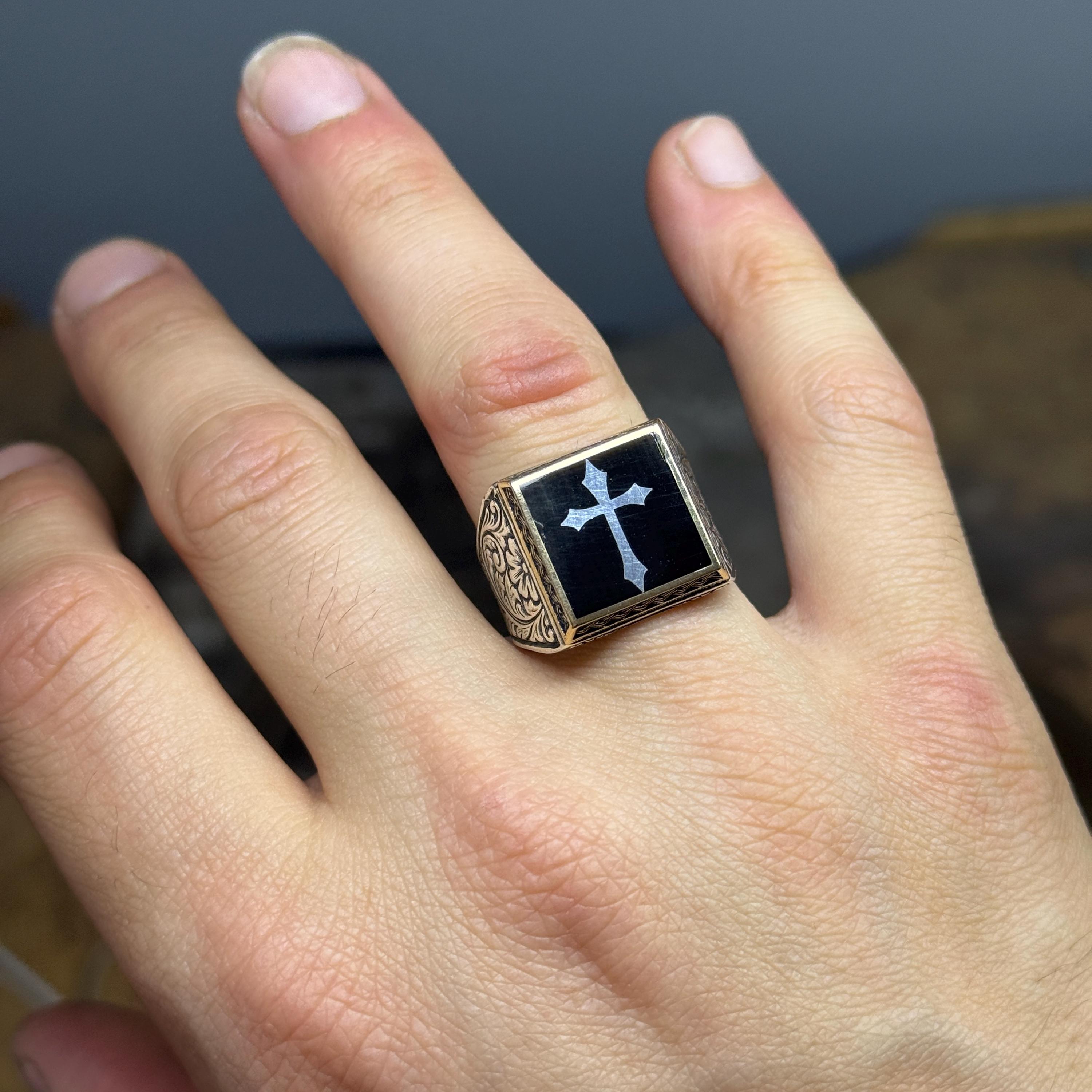 Silver Engraved Cross Ring, Crucifix Signet Rings, Religious