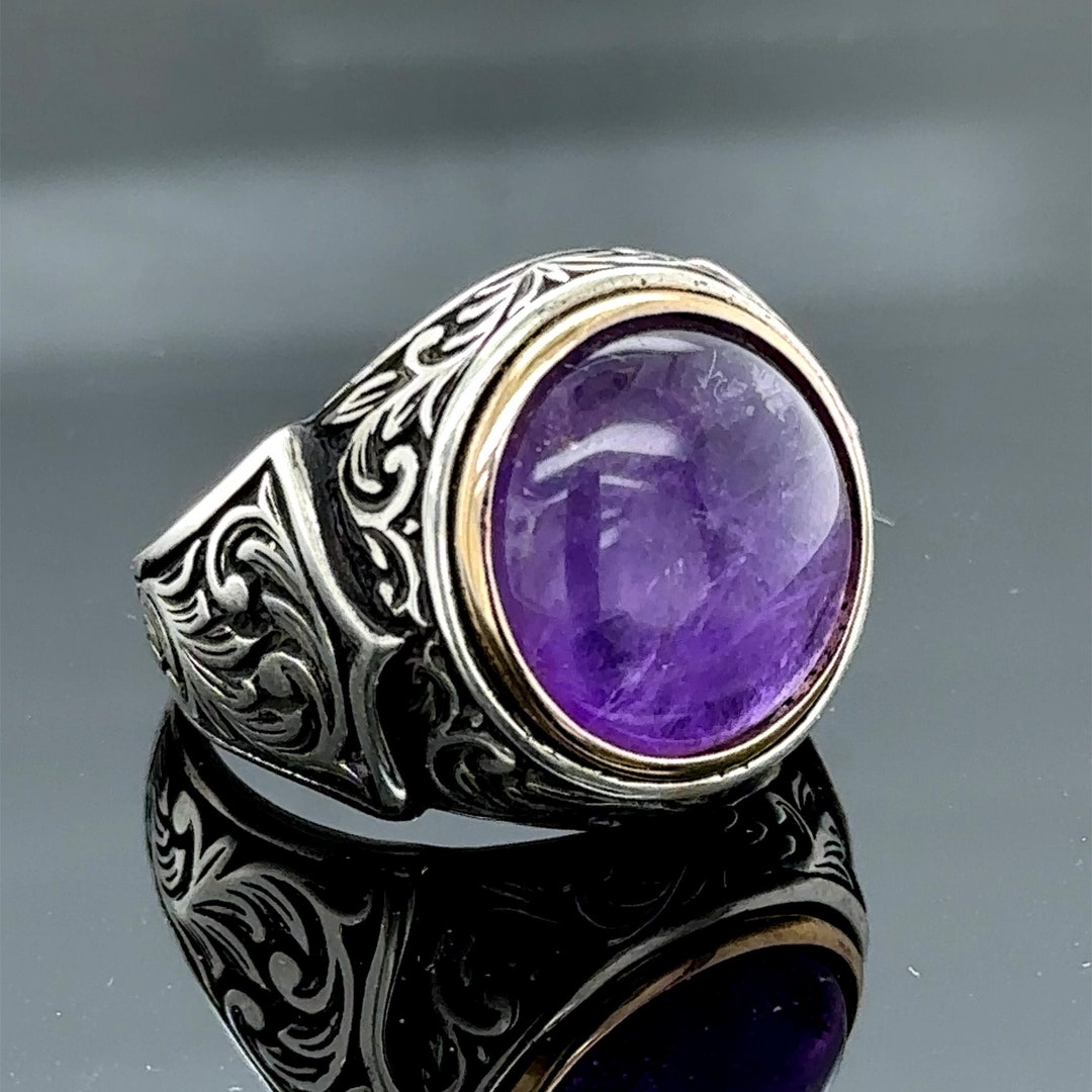 Silver Natural Amethyst Men's Ring , Round Amethyst Ring