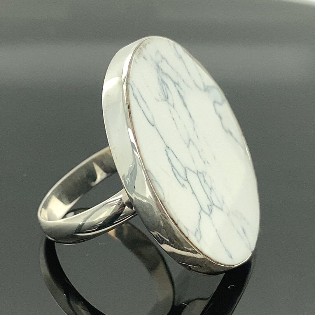 Round White Howlite Ring , Natural Marble Gemstone, Round Howlite Ring ...