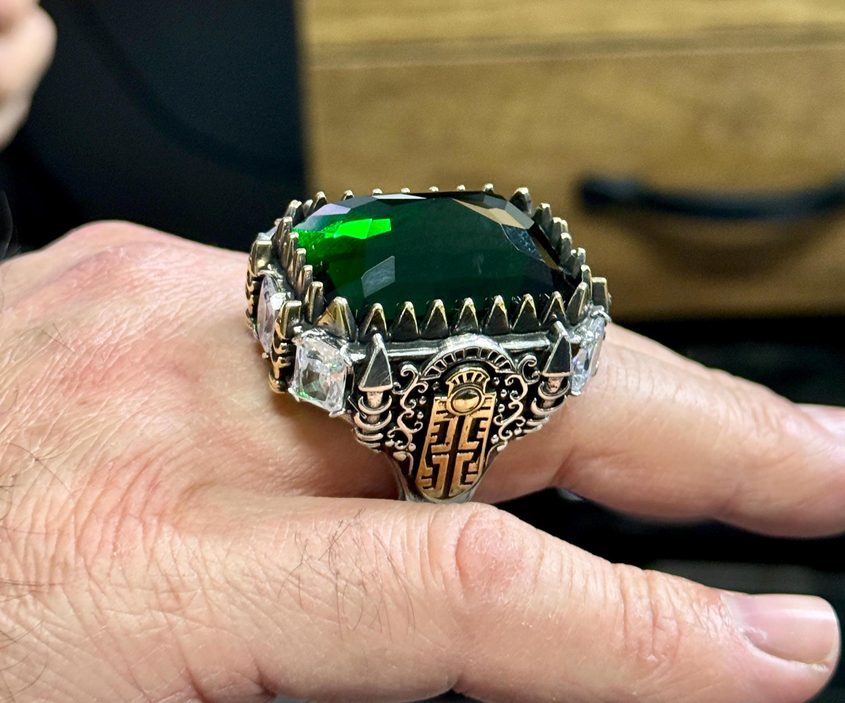 925 Turkish Handmade Green Stone Ring, Large Emerald Gemstone Men