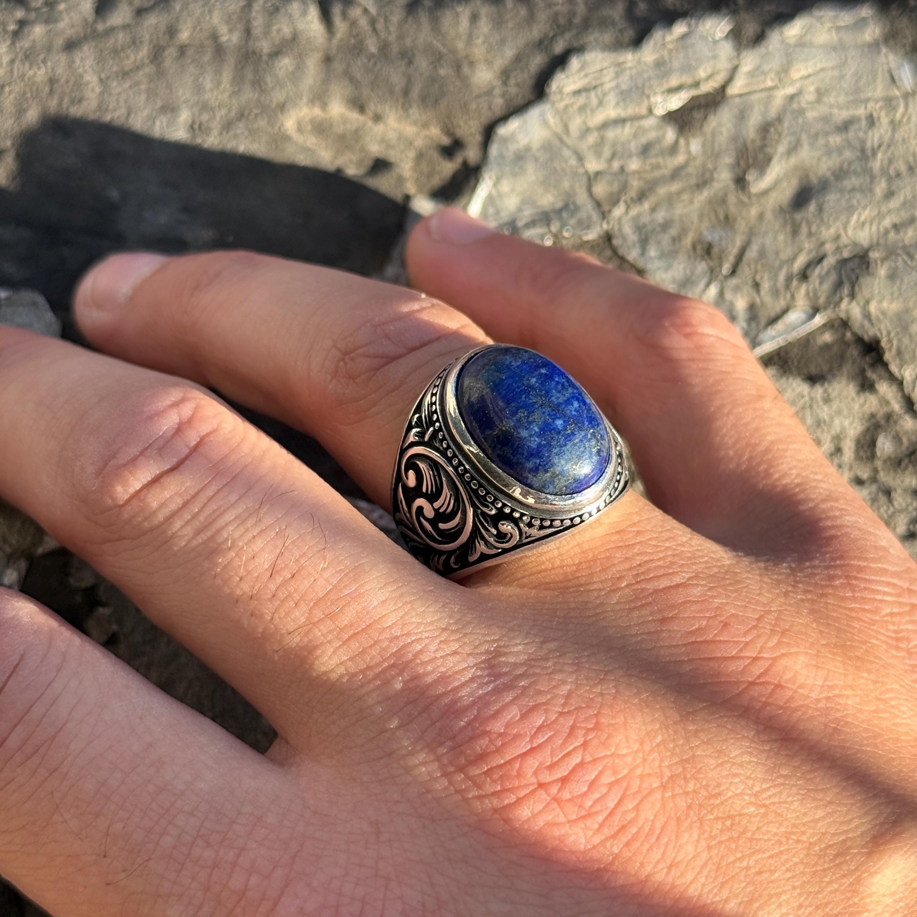 天然ラピスラズリリング、メンズトルコハンドメイドラピスラズリリング