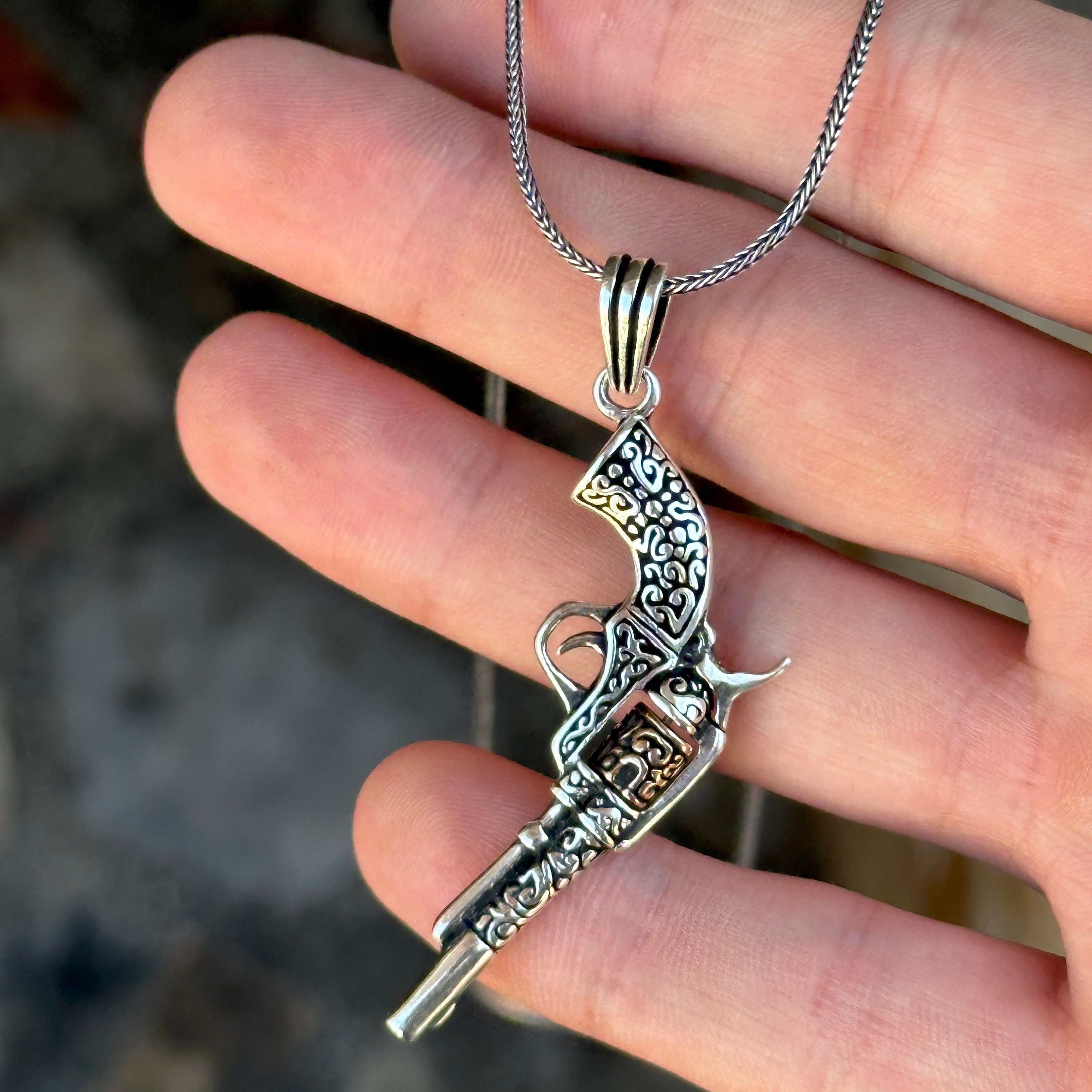 Silver Revolver Pistol Necklace, Gun Pendant Necklace, Silver