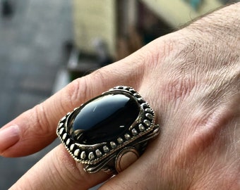 VINTAGE silver ring - black onyx 16号 Silver Large Onyx Ring , Black Onyx Gemstone Ring, Men Sterling