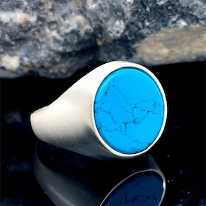 Classic Turquoise Signet Ring, Ring For Men, Round Turquoise Signet Ring, Classic Men Ring, Engagement Ring, Matte Silver Ring, 925 Silver