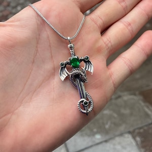 Men Dragon Necklace , Silver Warrior Necklace , Emerald Stone Dragon Necklace , Unisex Pendant , Sterling Silver Oxidized Dragon Necklace