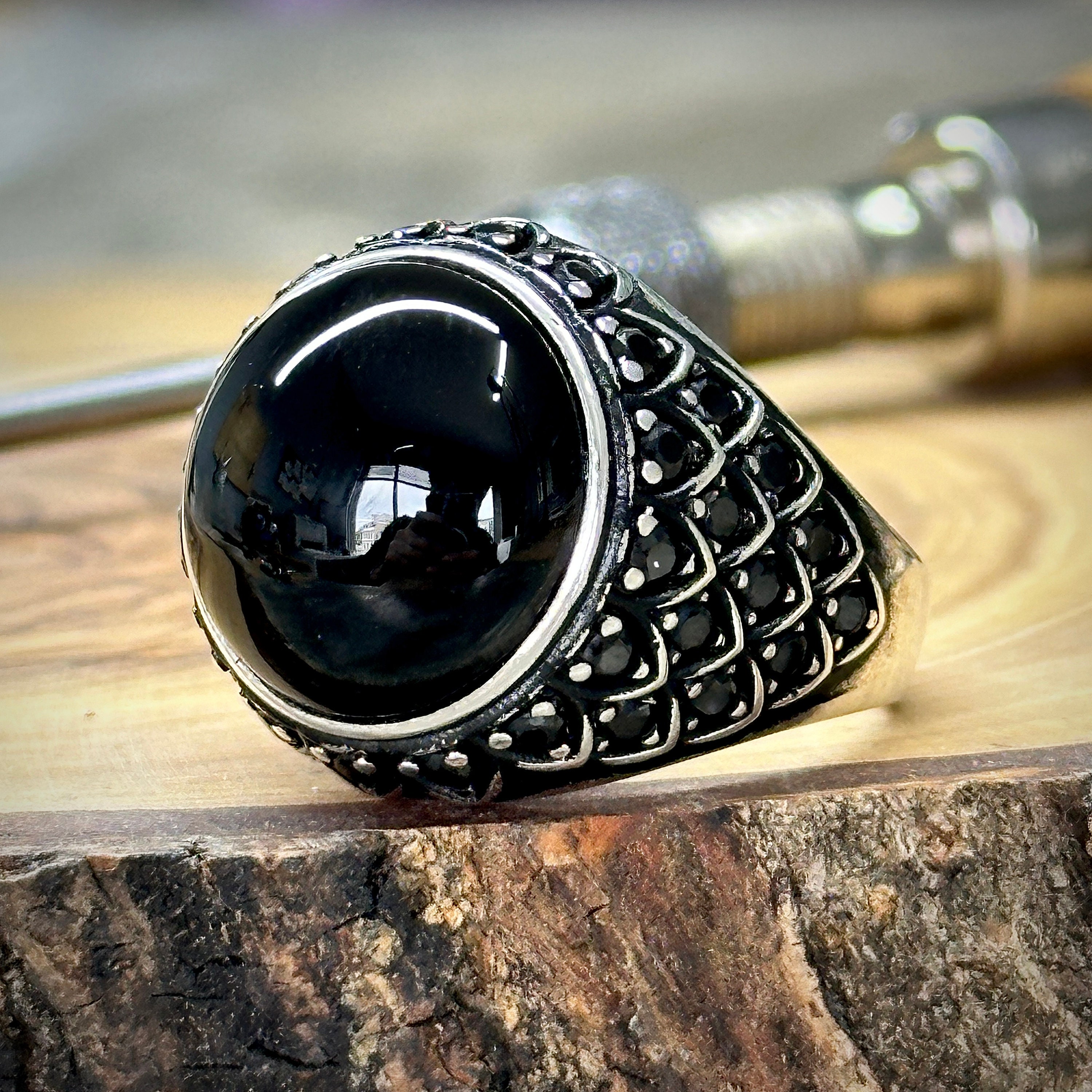 メンズ ブラック オニキス シグネット リング、ラウンド オニキス