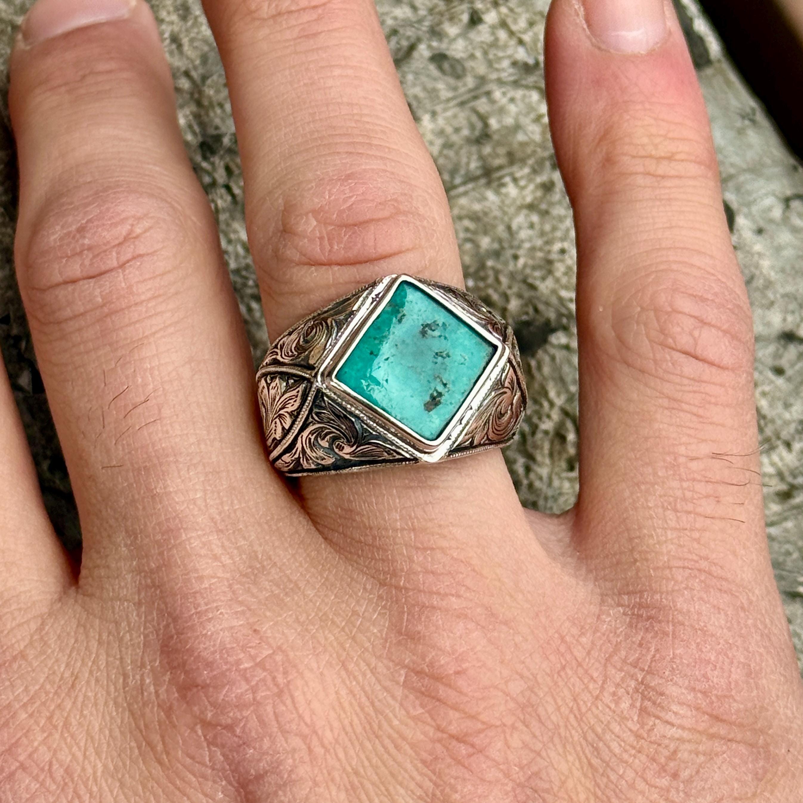 男性用ターコイズリング、ターコイズシグネットリング、スクエア