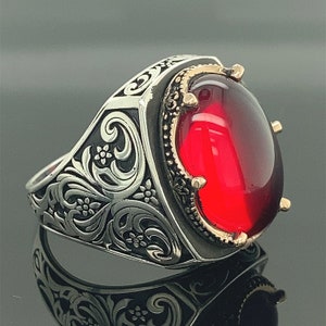 Men Handmade Ruby Stone Ring , Red Stone Ring , Ottoman Style Handmade Ring , 925k Sterling Silver Ring , Gift For Him